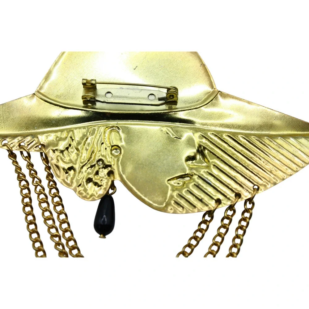Vintage Statement Pin Brooch Stamped Metal Lady in Hat w Chains 4 5/8